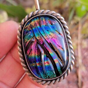 Exquisite artisan designer handmade rainbow glass 925 sterling silver pendant
